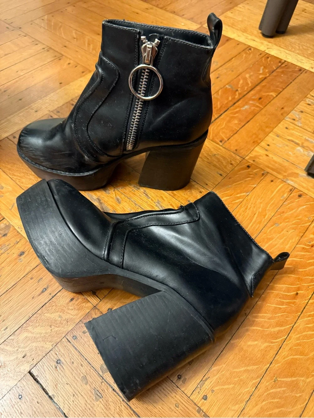 Current Mood Black Platform Block Heel Ankle Boots with Ring Zipper
